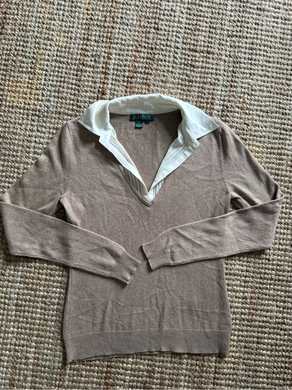 Lauren Ralph Lauren | 100% Cashmere | Contrast Collar V-Neck Sweater | Size S